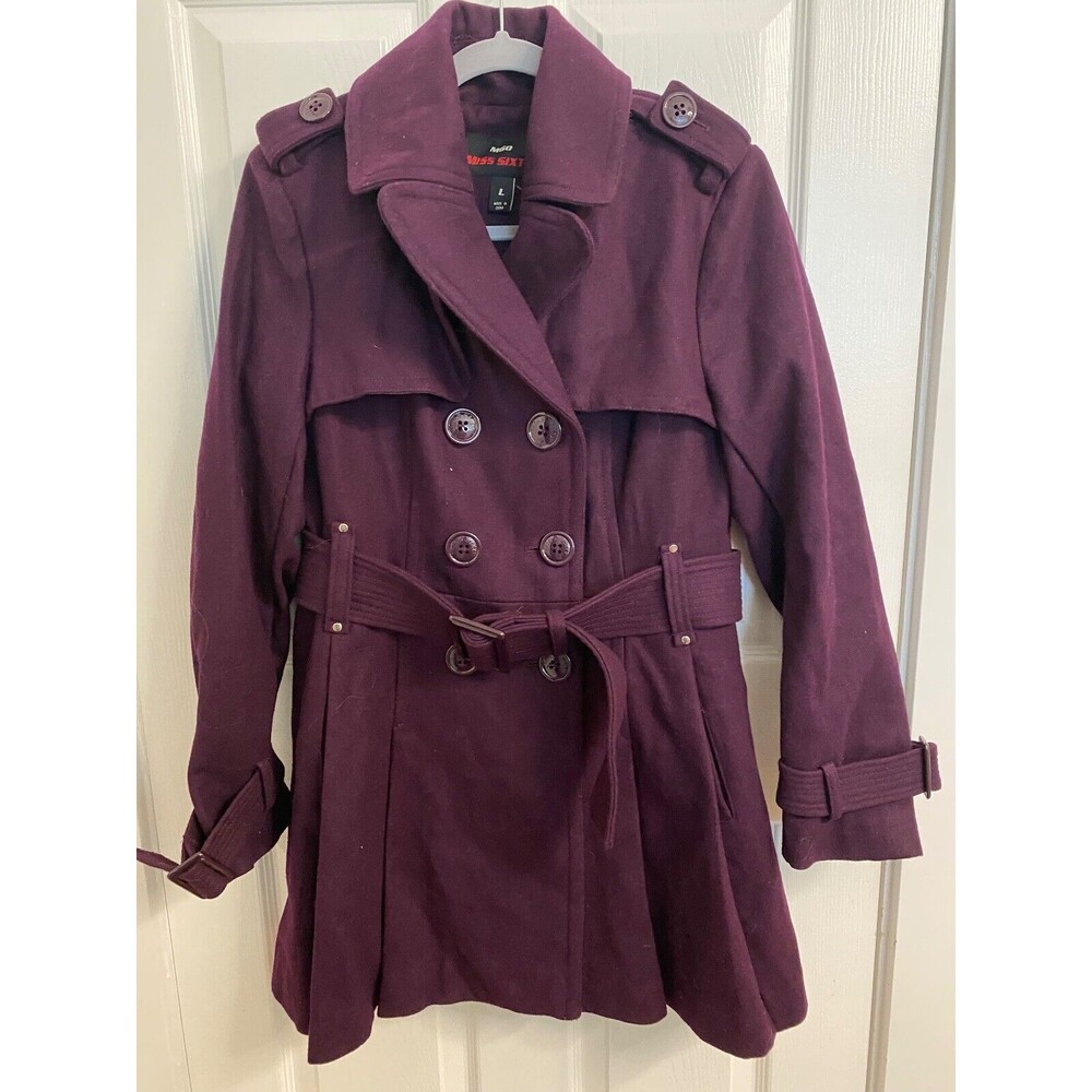 New Miss Sixty Purple Wool Blend Coat - Women's Sz Large Double Breasted Belted
